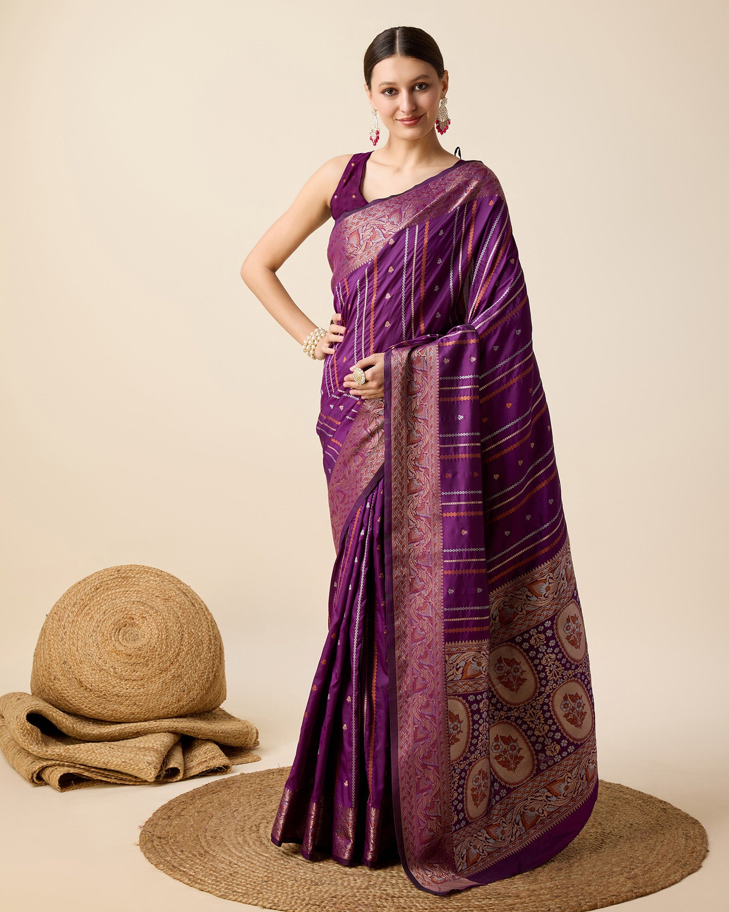 Dwija Fashion Purple Party Wear Golden Silver Jari Work Pure Jacquard Saree With Unstitched Blouse - Dista
