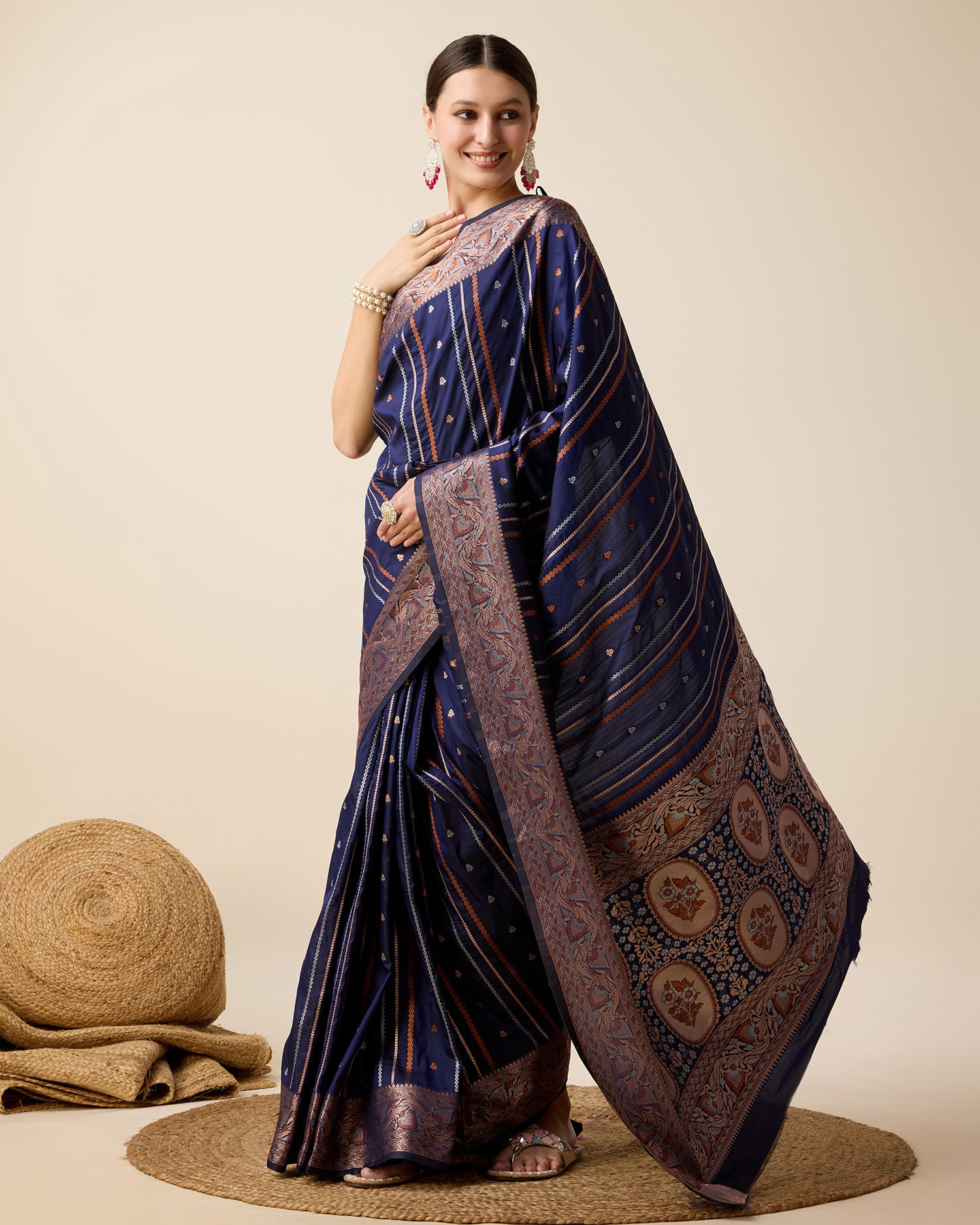 Dwija Fashion Deep Navy Blue Party Wear Golden Silver Jari Work Pure Jacquard Saree With Unstitched Blouse - Dista