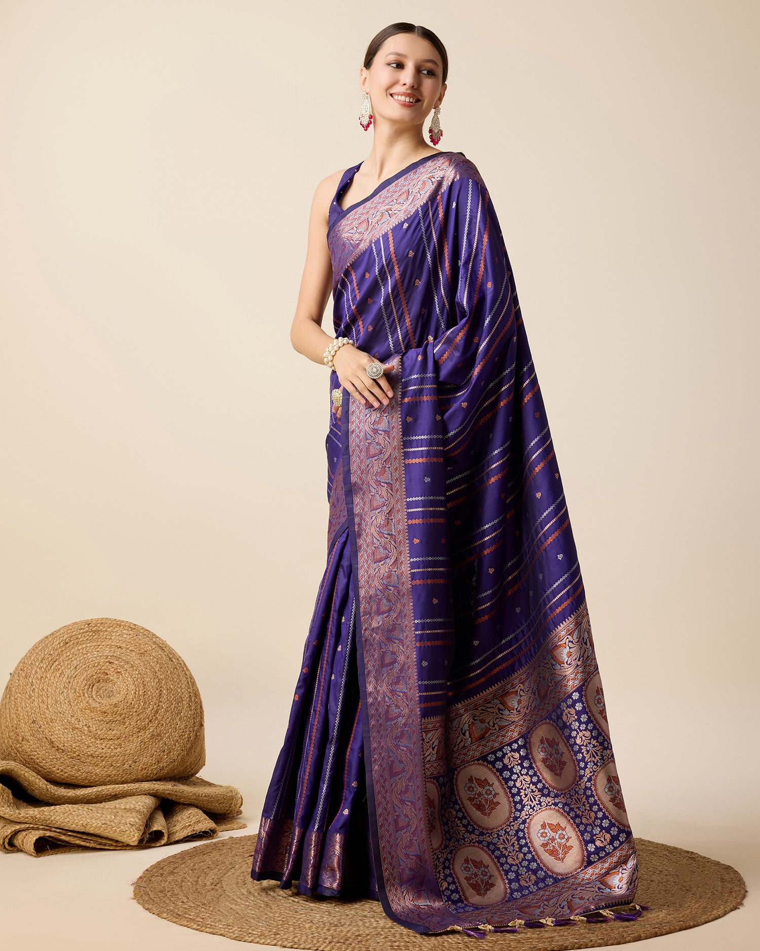 Dwija Fashion Blue Party Wear Golden Silver Jari Work Pure Jacquard Saree With Unstitched Blouse - Dista