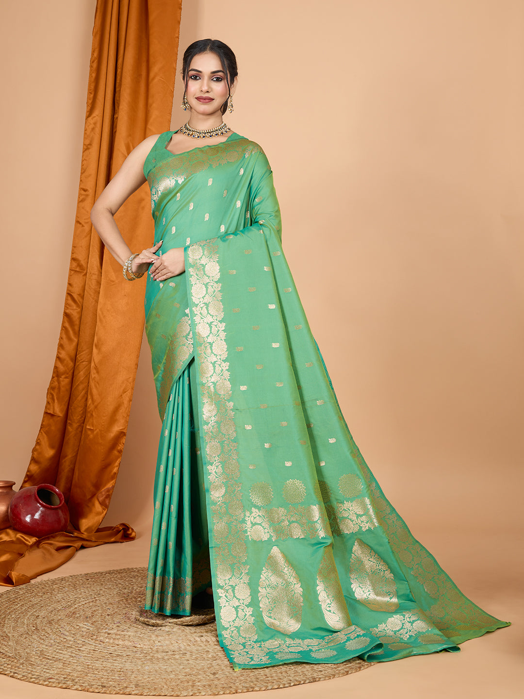 Dwija Fashion Green Party Wear Banarsi Silk With Jari Weaving Work Saree With Unstitched Blouse - Dista