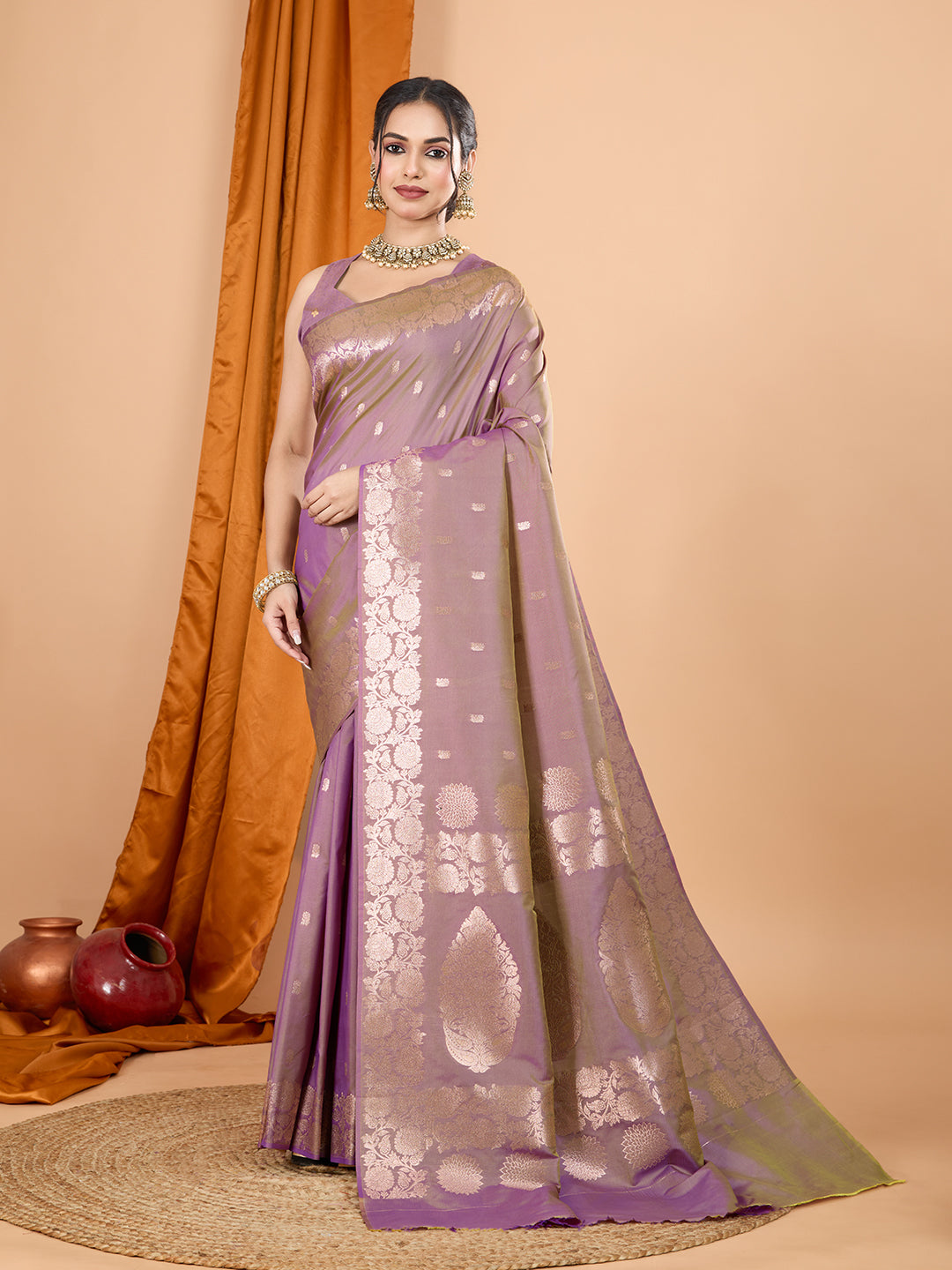 Dwija Fashion Lavender Party Wear Banarsi Silk With Jari Weaving Work Saree With Unstitched Blouse - Dista