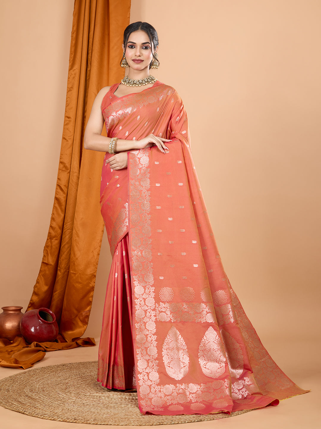 Dwija Fashion Peach Party Wear Banarsi Silk With Jari Weaving Work Saree With Unstitched Blouse - Dista