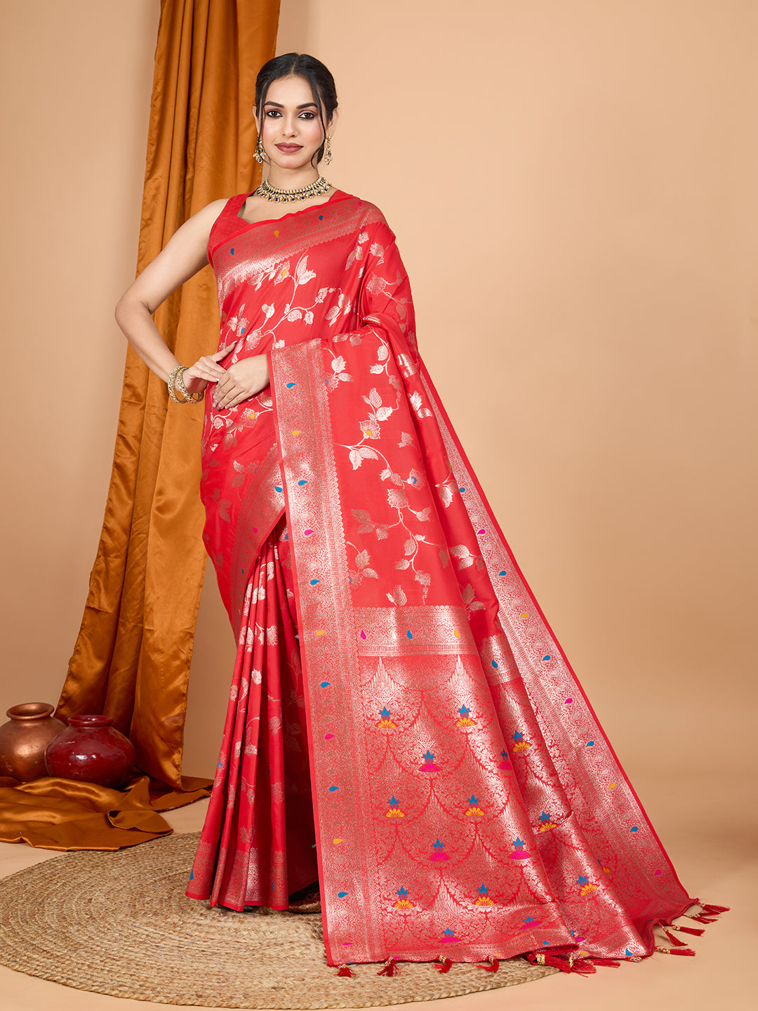 Dwija Fashion Red Party Wear Banarsi Silk With Jari Weaving Work Saree With Unstitched Blouse - Dista