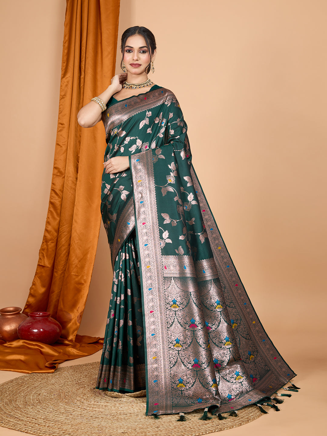 Dwija Fashion Green Party Wear Banarsi Silk With Jari Weaving Work Saree With Unstitched Blouse - Dista