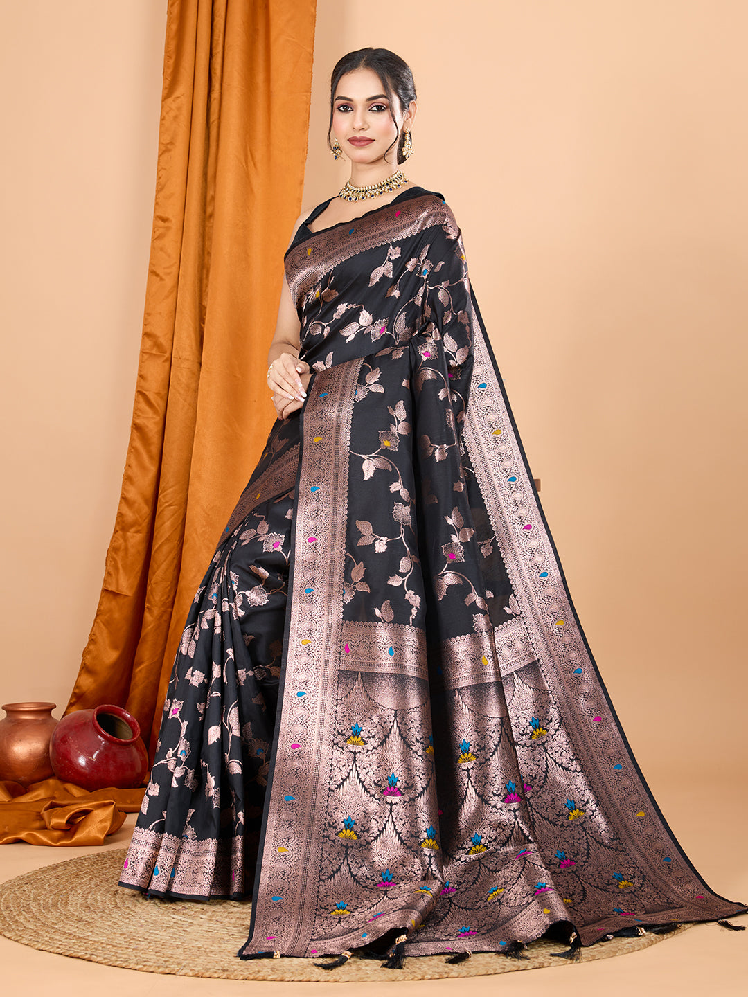 Dwija Fashion Black Party Wear Banarsi Silk With Jari Weaving Work Saree With Unstitched Blouse - Dista