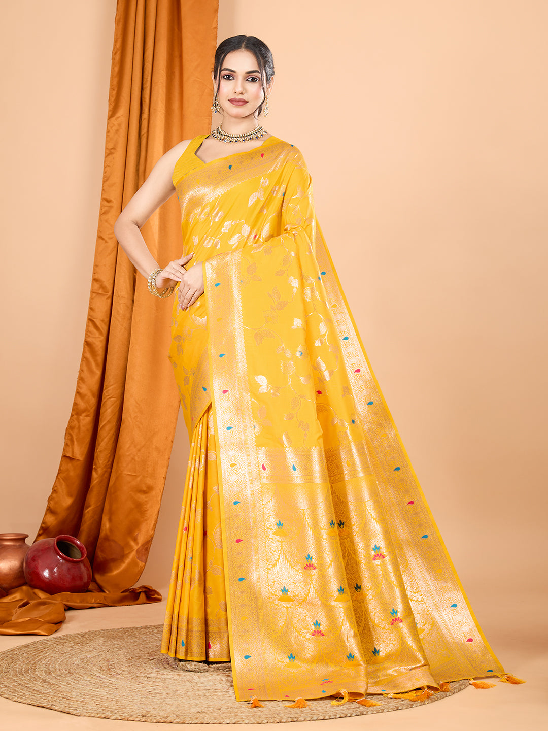 Dwija Fashion Yellow Party Wear Banarsi Silk With Jari Weaving Work Saree With Unstitched Blouse - Dista
