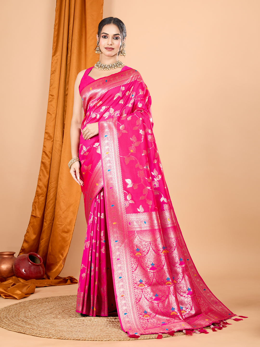 Dwija Fashion Pink Party Wear Banarsi Silk With Jari Weaving Work Saree With Unstitched Blouse - Dista