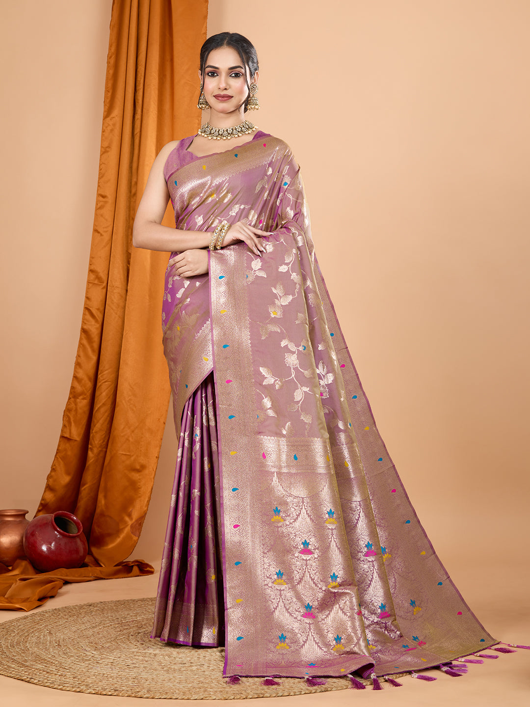 Dwija Fashion Lavender Party Wear Banarsi Silk With Jari Weaving Work Saree With Unstitched Blouse - Dista