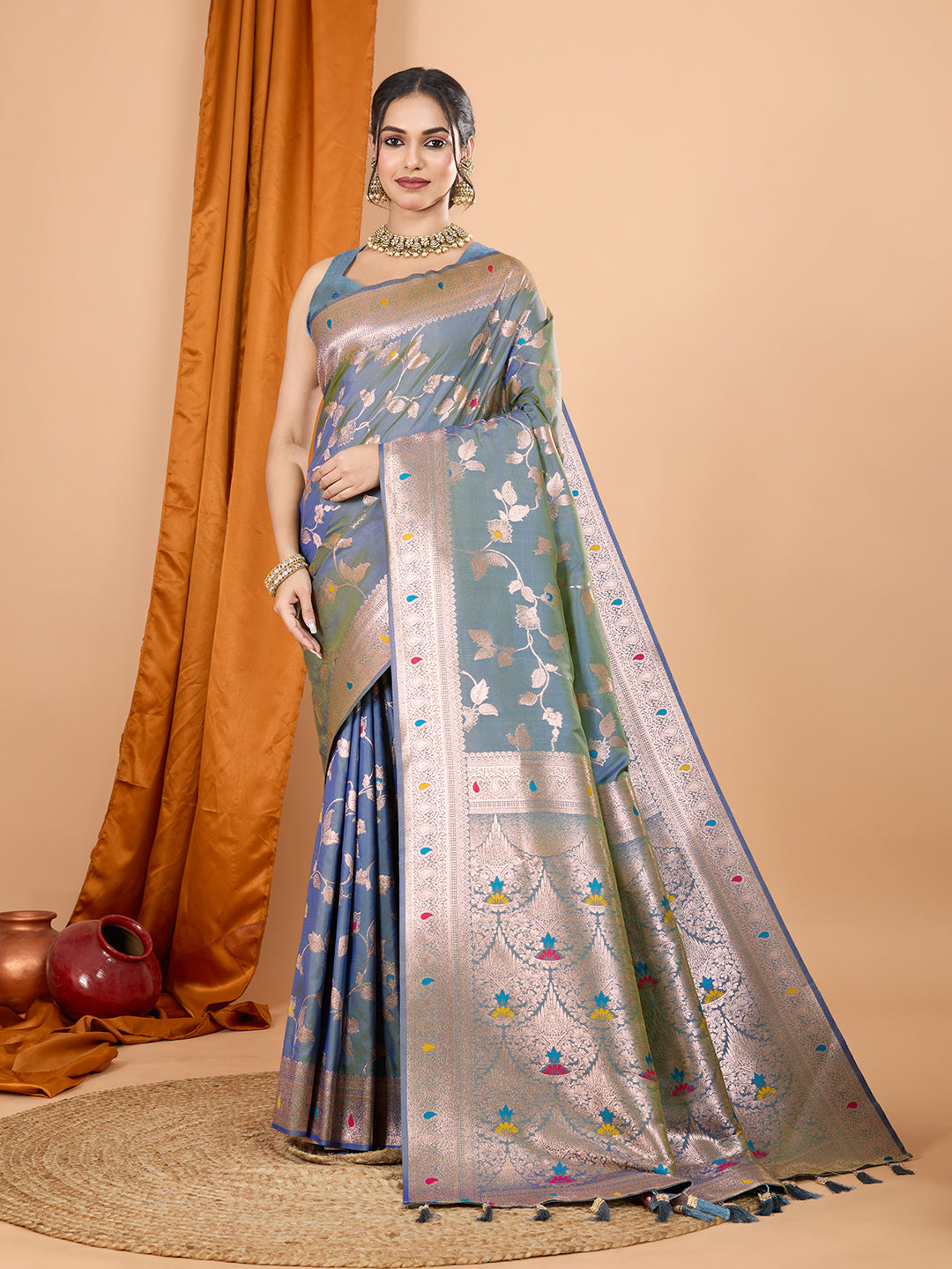 Dwija Fashion Blue Party Wear Banarsi Silk With Jari Weaving Work Saree With Unstitched Blouse - Dista