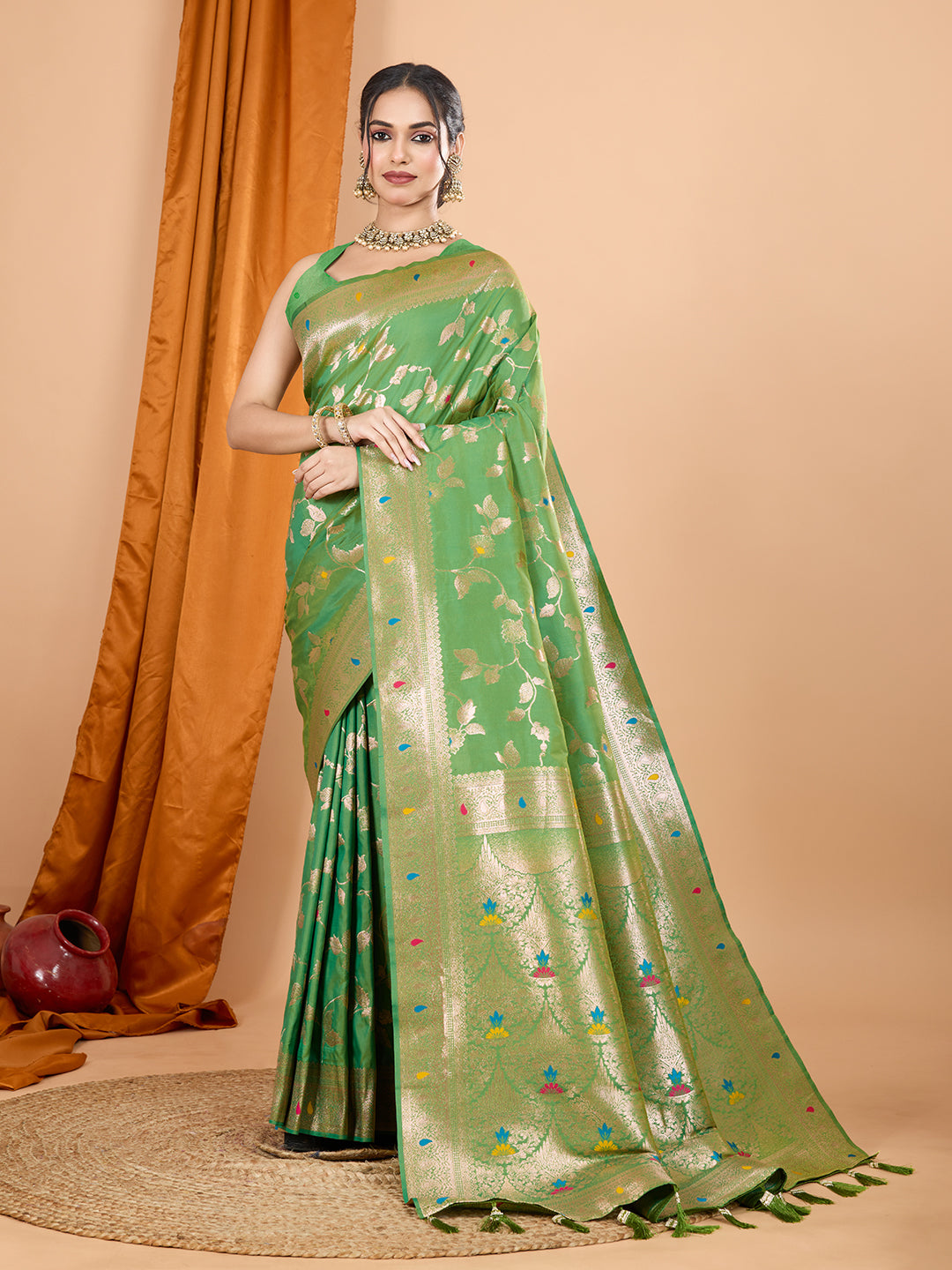 Dwija Fashion Green Party Wear Banarsi Silk With Jari Weaving Work Saree With Unstitched Blouse - Dista