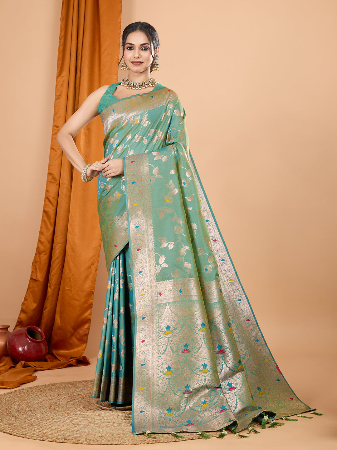 Dwija Fashion Green Party Wear Banarsi Silk With Jari Weaving Work Saree With Unstitched Blouse - Dista