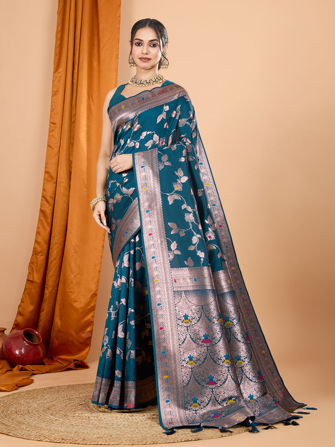 Dwija Fashion Teal Blue Party Wear Banarsi Silk With Jari Weaving Work Saree With Unstitched Blouse - Dista