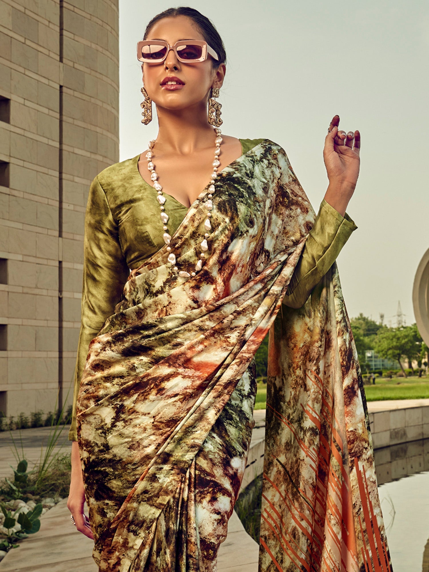 NOZ2TOZ Women's Satin Silk Olive Printed Designer Saree With Blouse Piece - Distacart