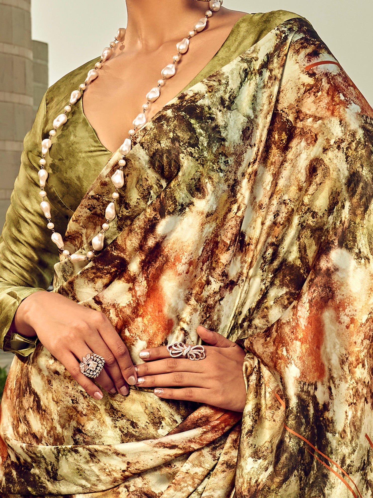 NOZ2TOZ Women's Satin Silk Olive Printed Designer Saree With Blouse Piece - Distacart