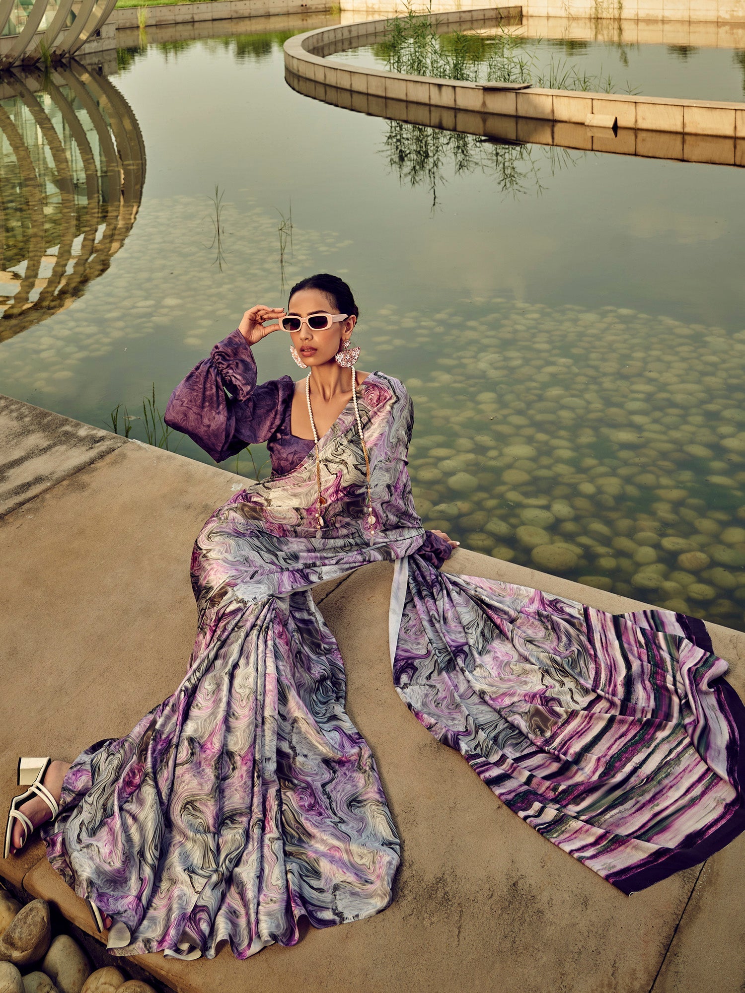 NOZ2TOZ Women's Satin Silk Purple Printed Designer Saree With Blouse Piece - Distacart