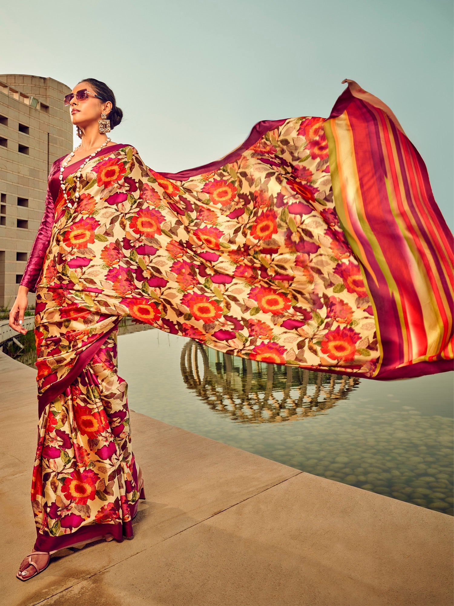 NOZ2TOZ Women's Satin Silk Beige Printed Designer Saree With Blouse Piece - Distacart