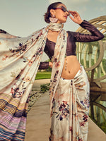 Thumbnail for NOZ2TOZ Women's Satin Silk Cream Printed Designer Saree With Blouse Piece - Distacart
