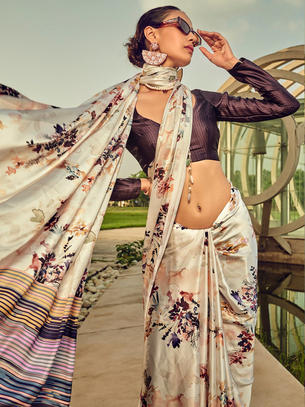 NOZ2TOZ Women's Satin Silk Cream Printed Designer Saree With Blouse Piece - Distacart