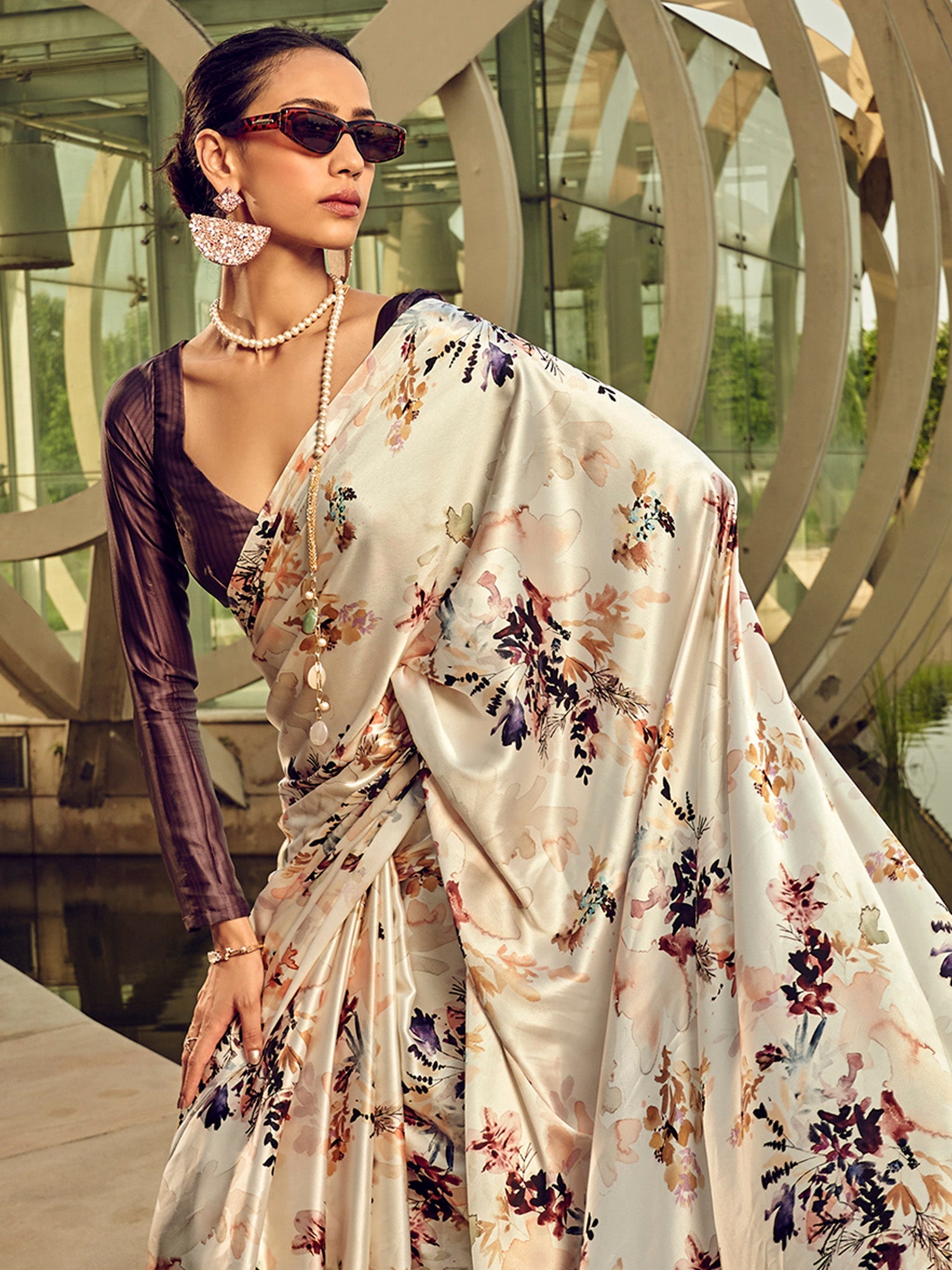 NOZ2TOZ Women's Satin Silk Cream Printed Designer Saree With Blouse Piece - Distacart