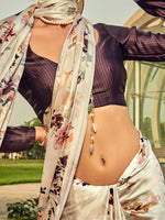 Thumbnail for NOZ2TOZ Women's Satin Silk Cream Printed Designer Saree With Blouse Piece - Distacart