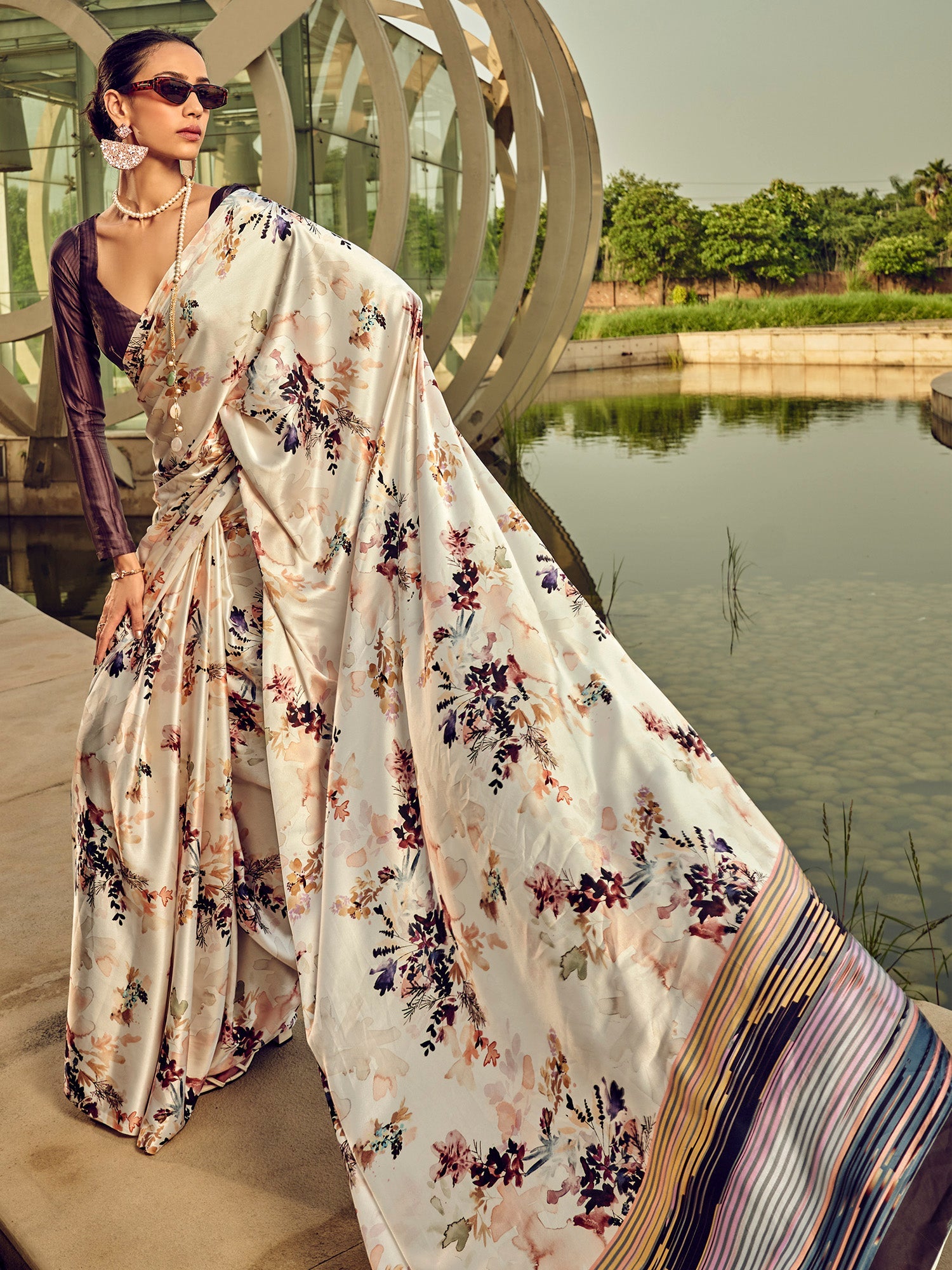 NOZ2TOZ Women's Satin Silk Cream Printed Designer Saree With Blouse Piece - Distacart