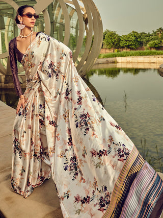 NOZ2TOZ Women's Satin Silk Cream Printed Designer Saree With Blouse Piece - Distacart