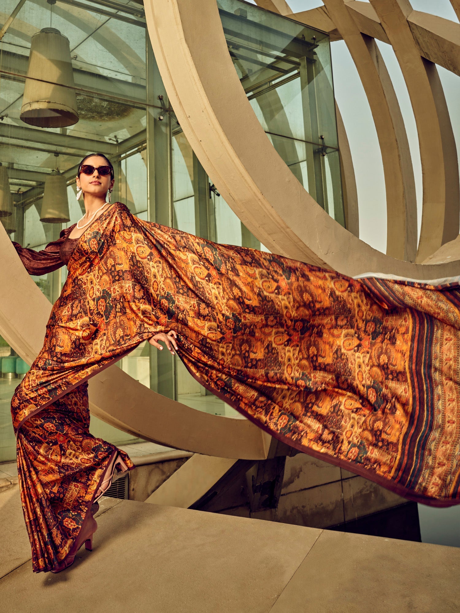 NOZ2TOZ Women's Satin Silk Brown Printed Designer Saree With Blouse Piece - Distacart