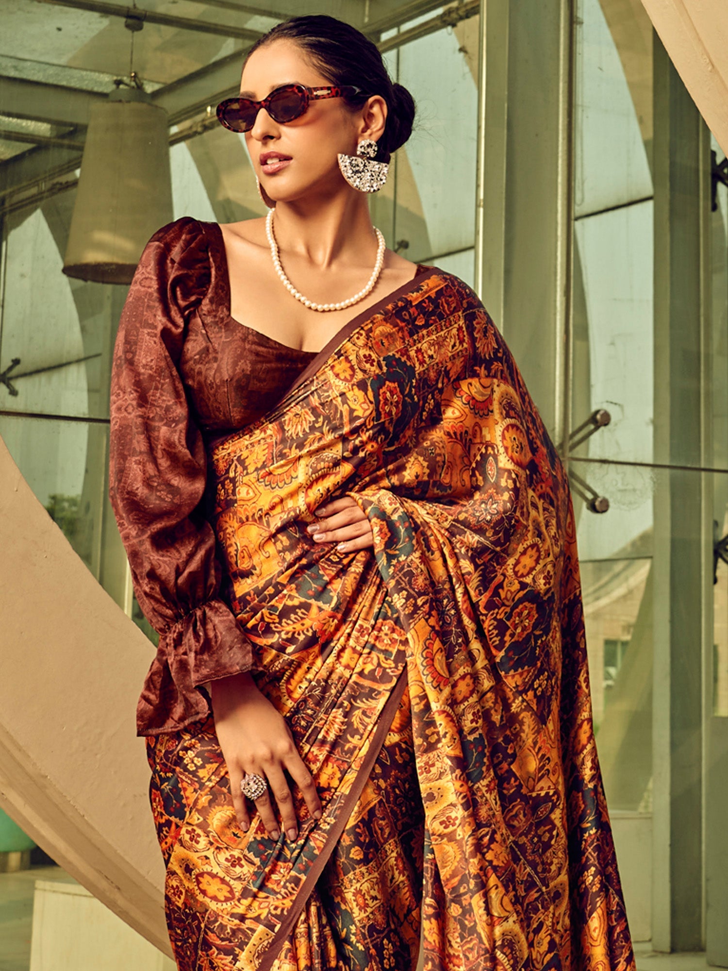 NOZ2TOZ Women's Satin Silk Brown Printed Designer Saree With Blouse Piece - Distacart