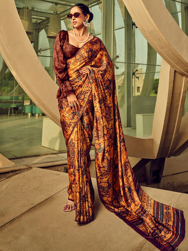 NOZ2TOZ Women's Satin Silk Brown Printed Designer Saree With Blouse Piece - Distacart