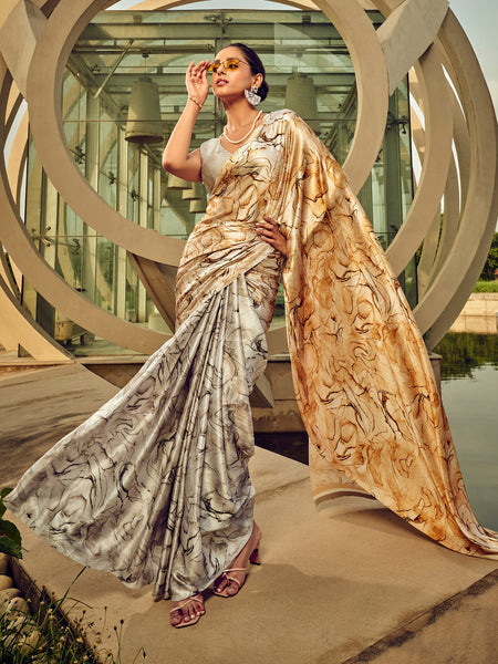 NOZ2TOZ Women's Satin Silk Metallic Printed Designer Saree With Blouse Piece - Distacart