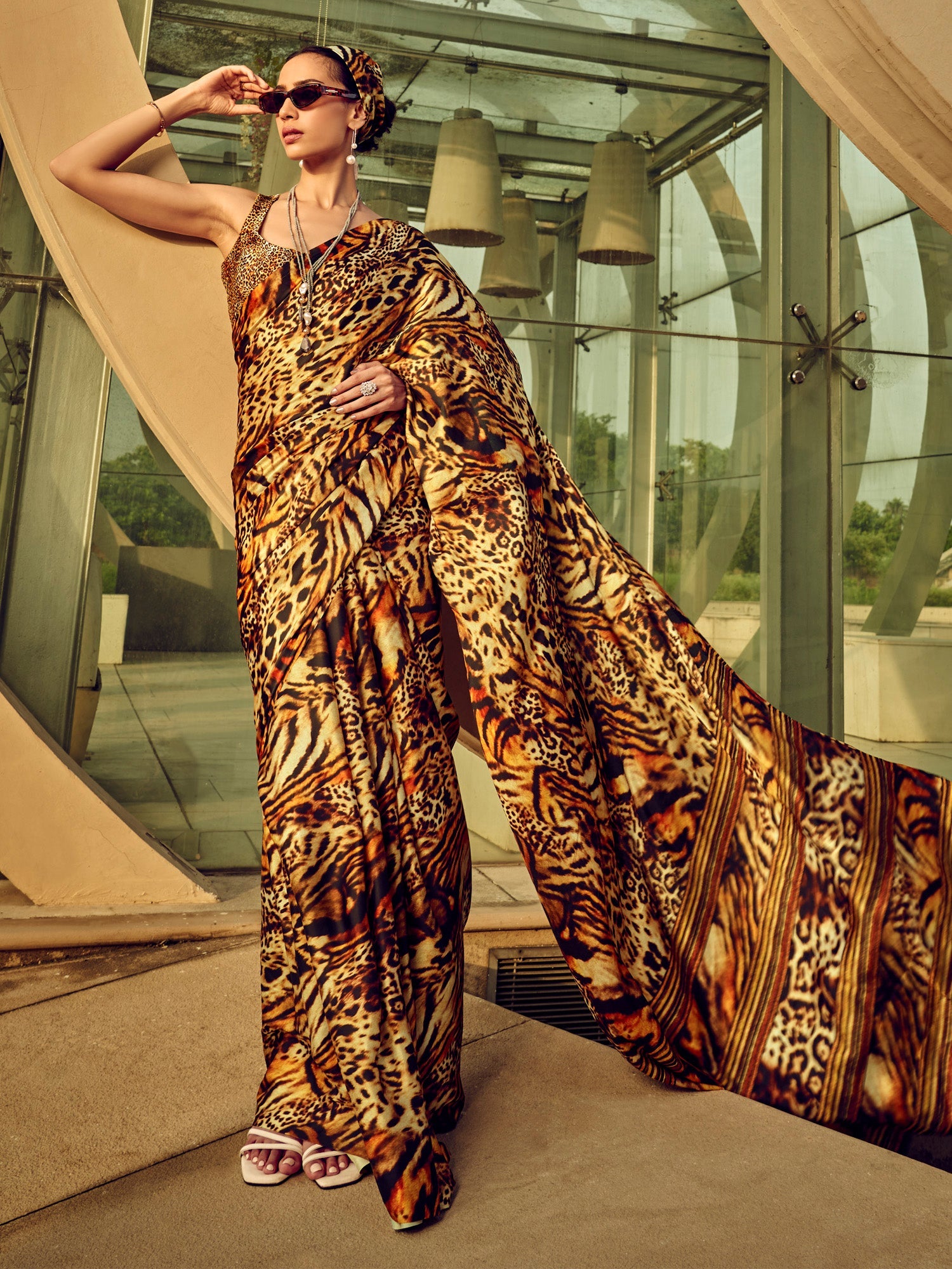 NOZ2TOZ Women's Satin Silk Beige Printed Designer Saree With Blouse Piece - Distacart