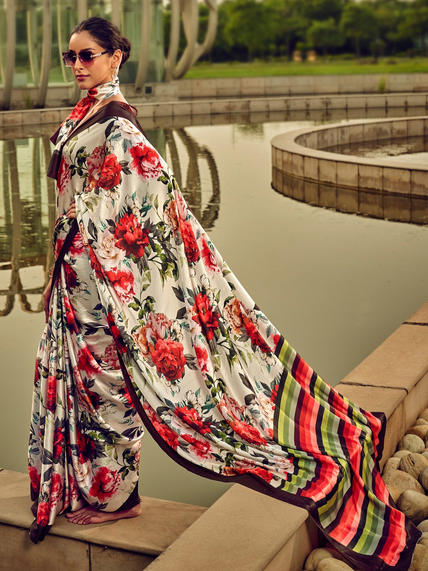 NOZ2TOZ Women's Satin Silk Off White Printed Designer Saree With Blouse Piece - Distacart