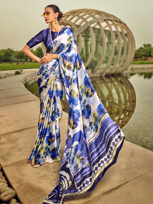 NOZ2TOZ Women's Satin Silk Off White Printed Designer Saree With Blouse Piece - Distacart