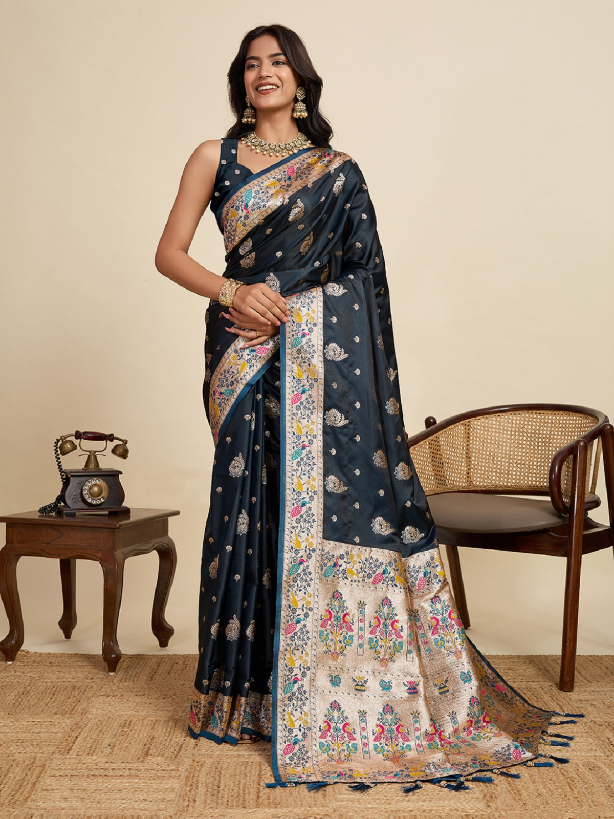 Dwija Fashion Black Wedding Wear Satin Jari Work Saree With Unstitched Blouse - Dista