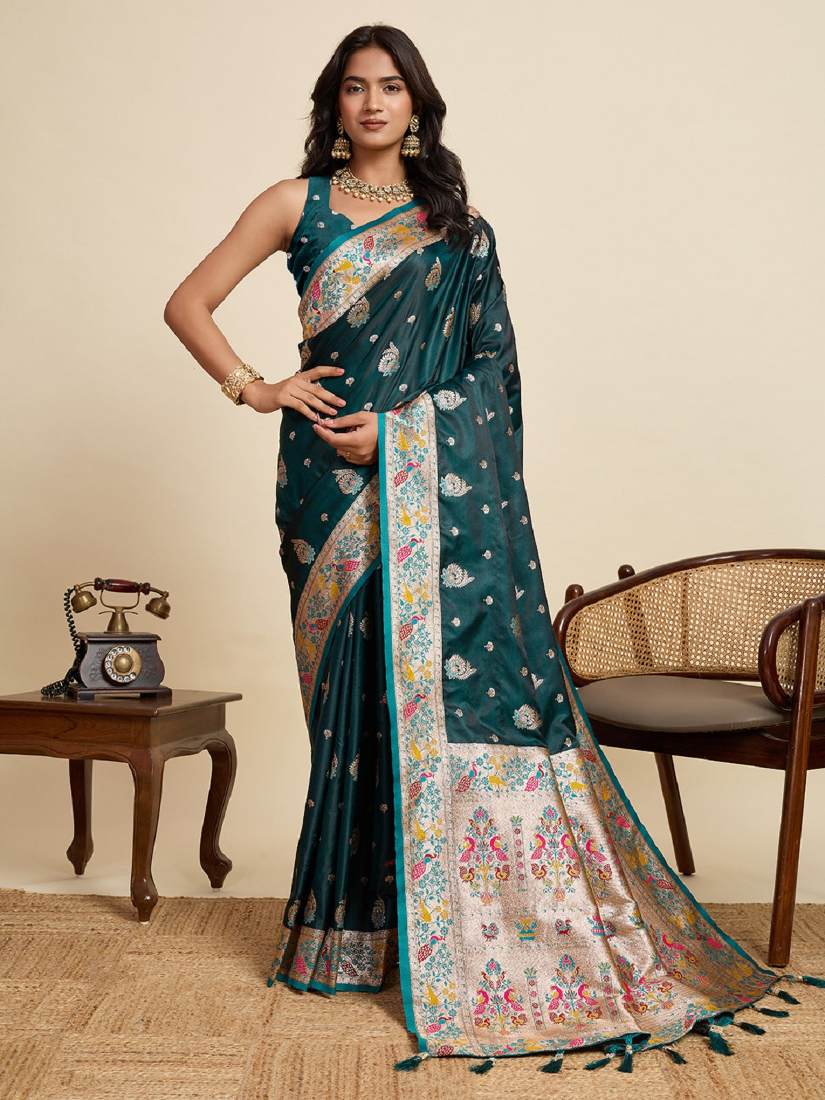 Dwija Fashion Deep Green Wedding Wear Satin Jari Work Saree With Unstitched Blouse - Dista