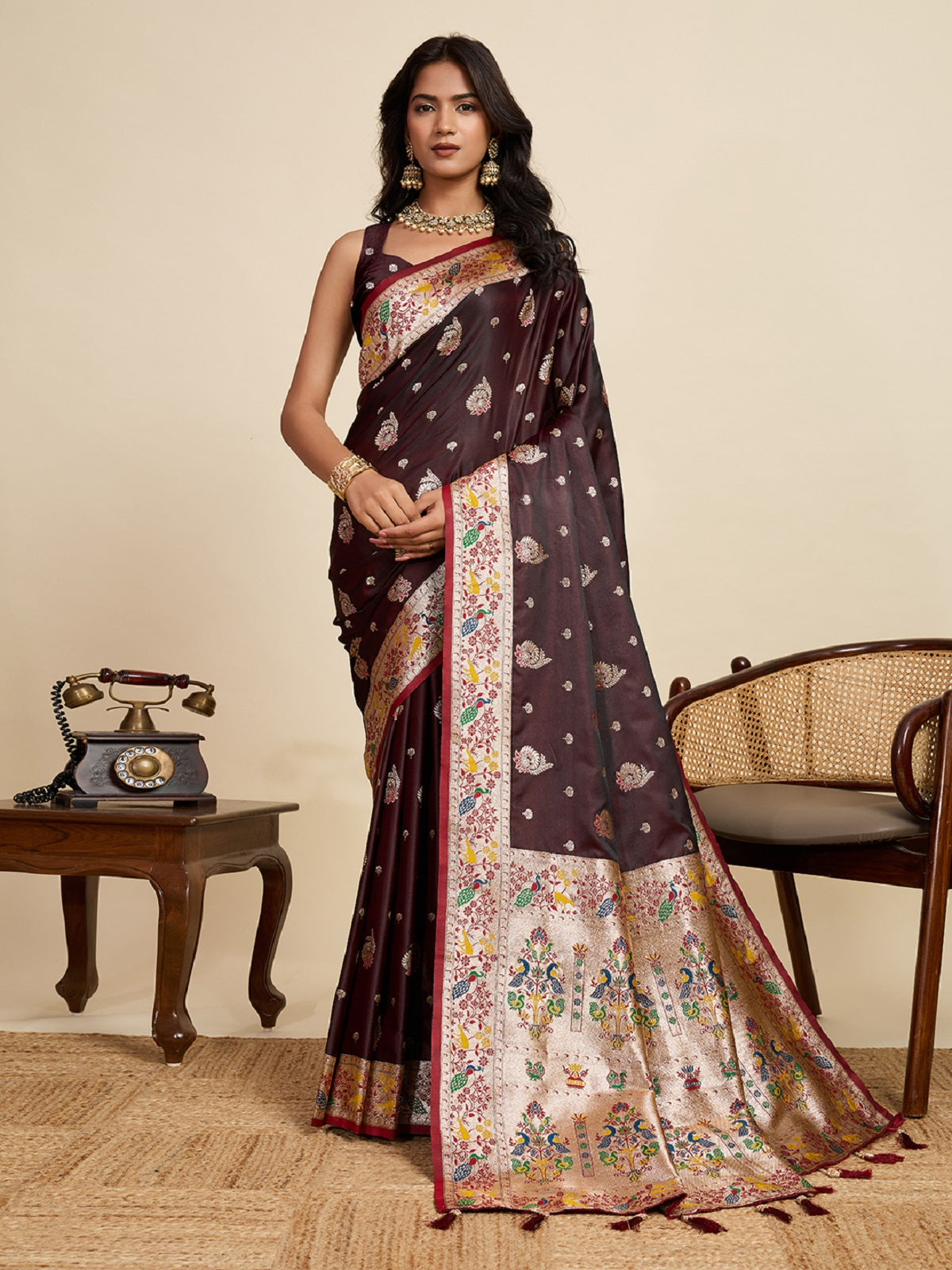 Dwija Fashion Chocolate Brown Wedding Wear Satin Jari Work Saree With Unstitched Blouse - Dista
