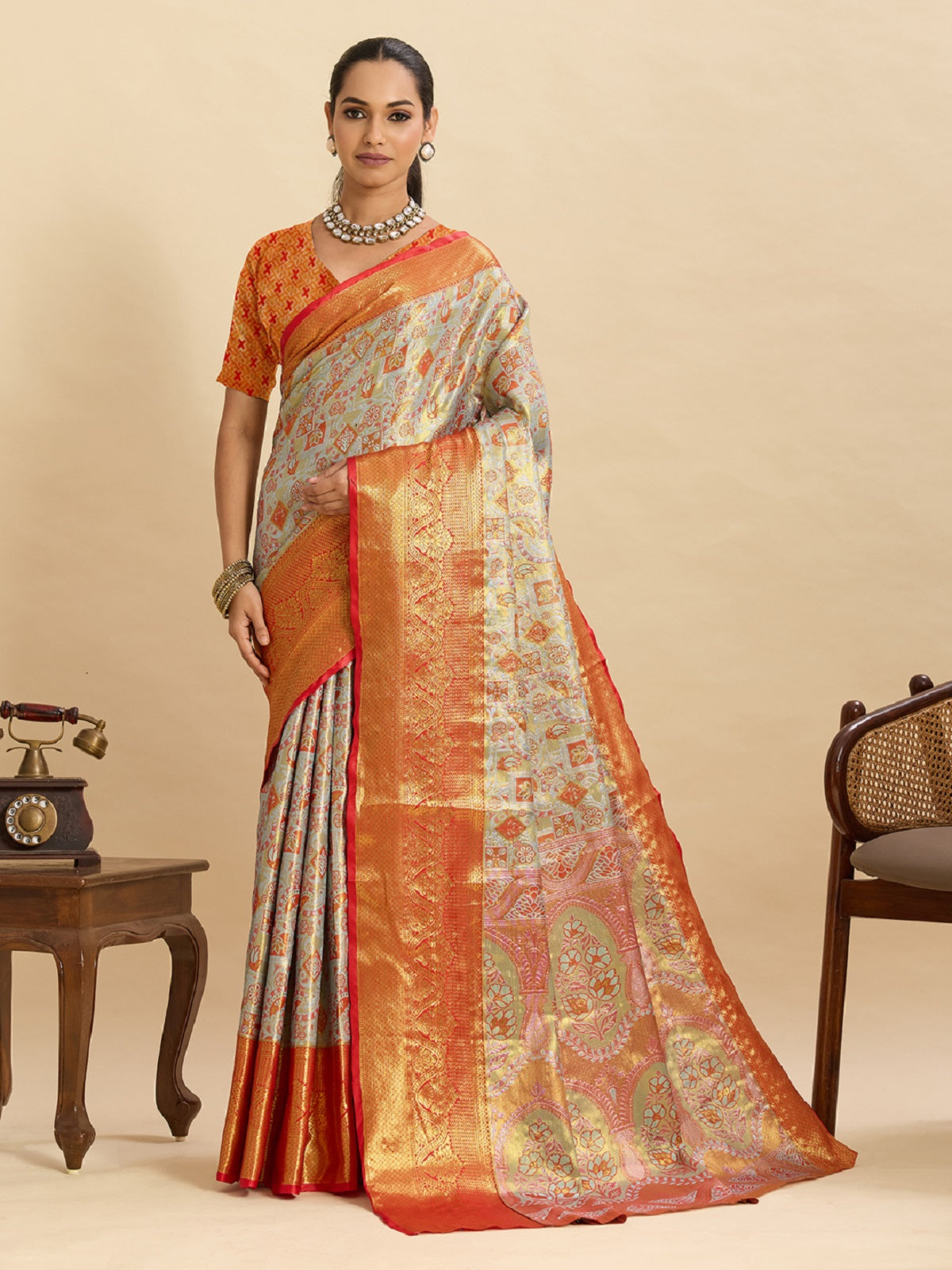 Dwija Fashion Grey Wedding Wear Kanjivaram Silk Jari Weaving With Unstitched Blouse - Dista