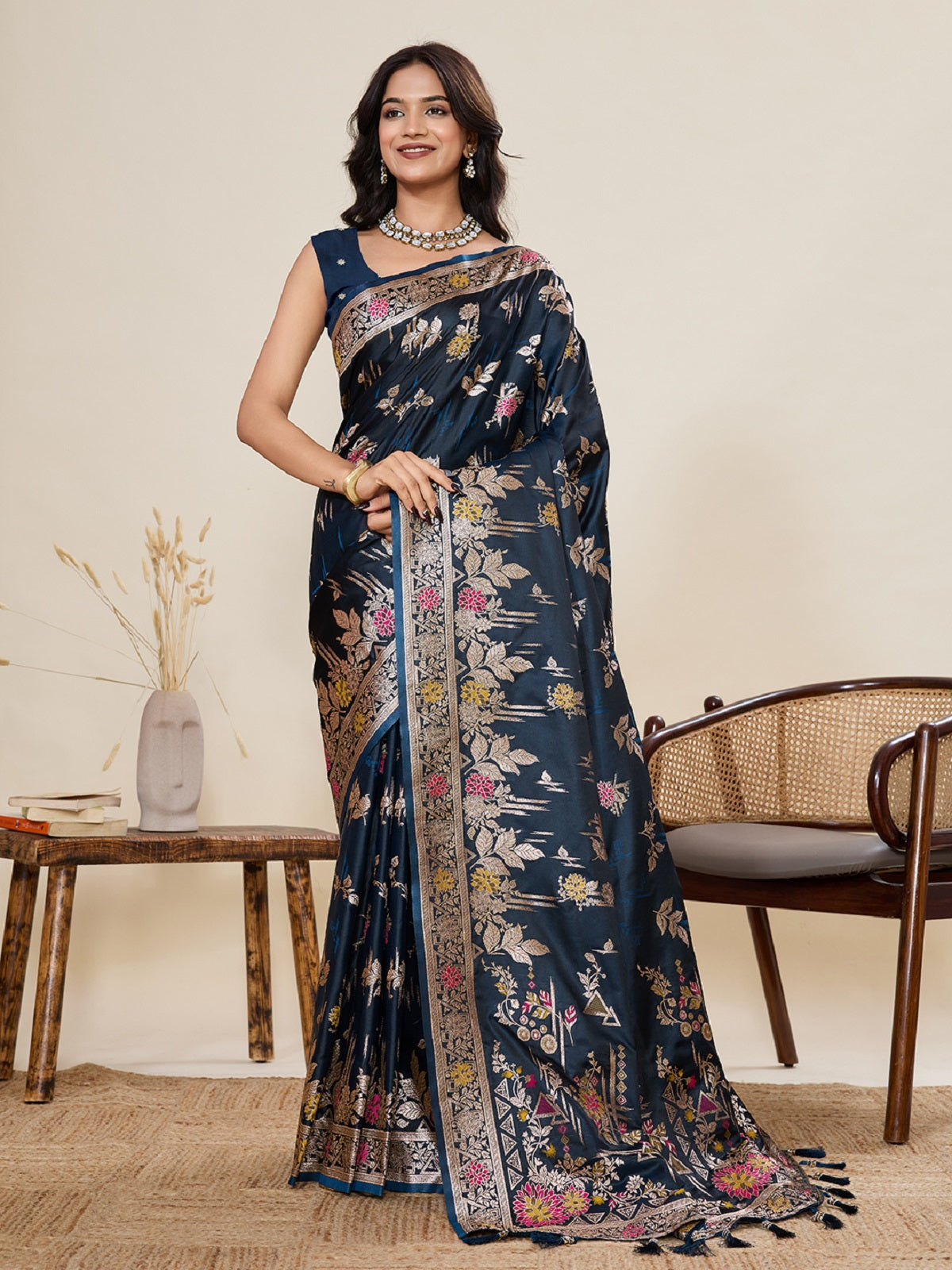 Dwija Fashion Teal Blue Wedding Wear Satin Paithani Jari Motifs Work With Unstitched Blouse - Dista