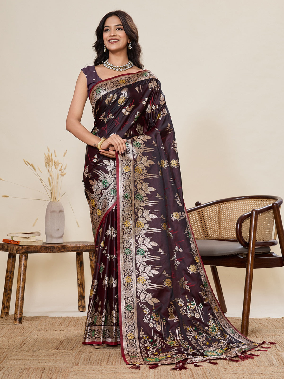 Dwija Fashion Deep Maroon Wedding Wear Satin Paithani Jari Motifs Work With Unstitched Blouse - Dista