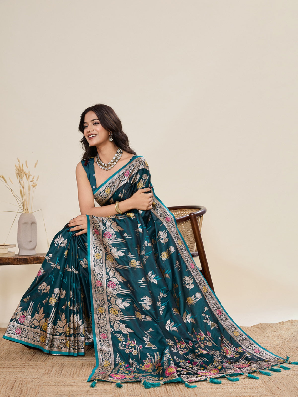 Dwija Fashion Deep Teal Green Wedding Wear Satin Paithani Jari Motifs Work With Unstitched Blouse - Dista
