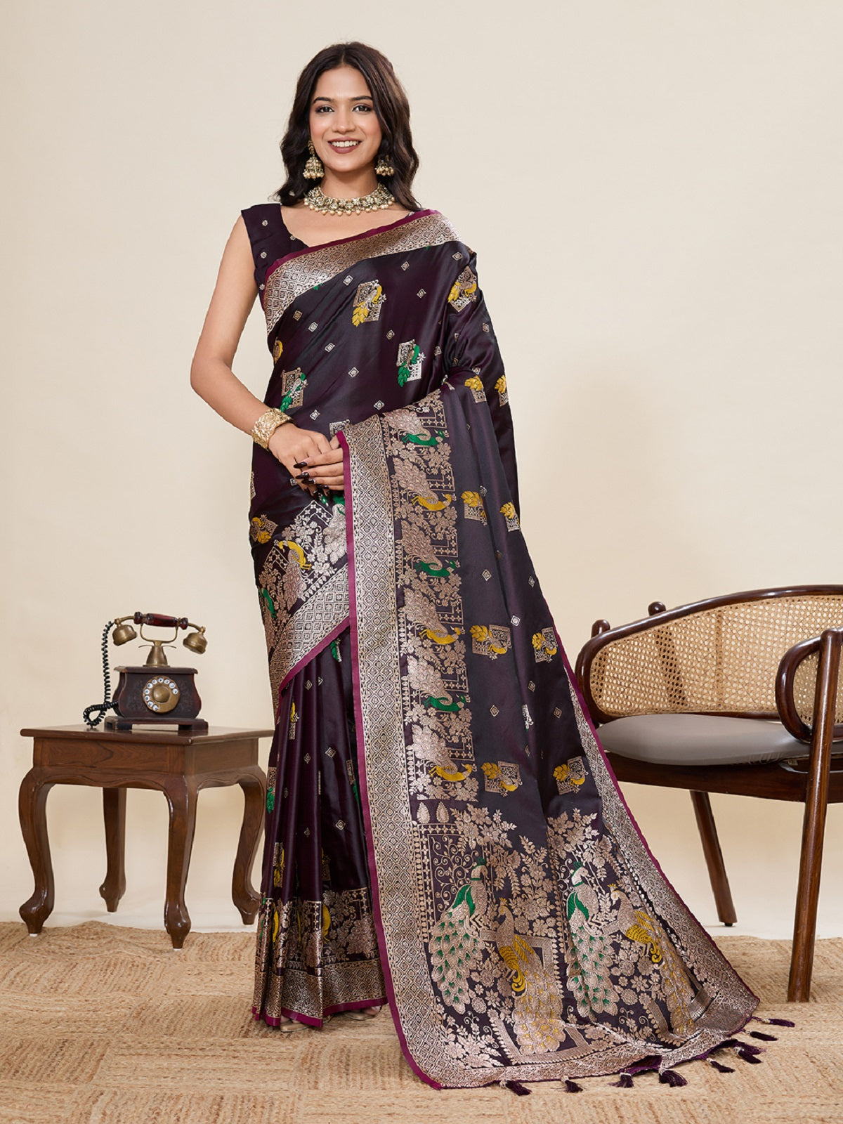 Dwija Fashion Deep Maroon Wedding Wear Satin Paithani Jari Motifs Work With Unstitched Blouse - Dista