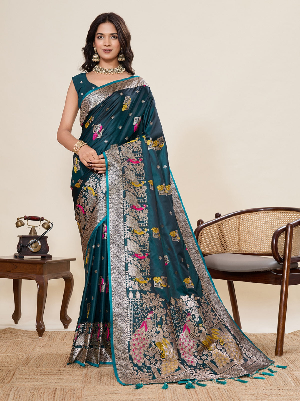 Dwija Fashion Teal Green Wedding Wear Satin Paithani Jari Motifs Work With Unstitched Blouse - Dista