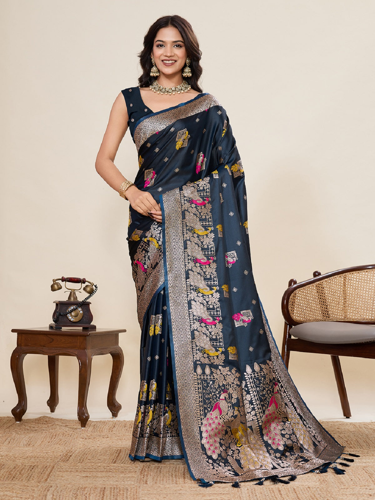 Dwija Fashion Black Wedding Wear Satin Paithani Jari Motifs Work With Unstitched Blouse - Dista