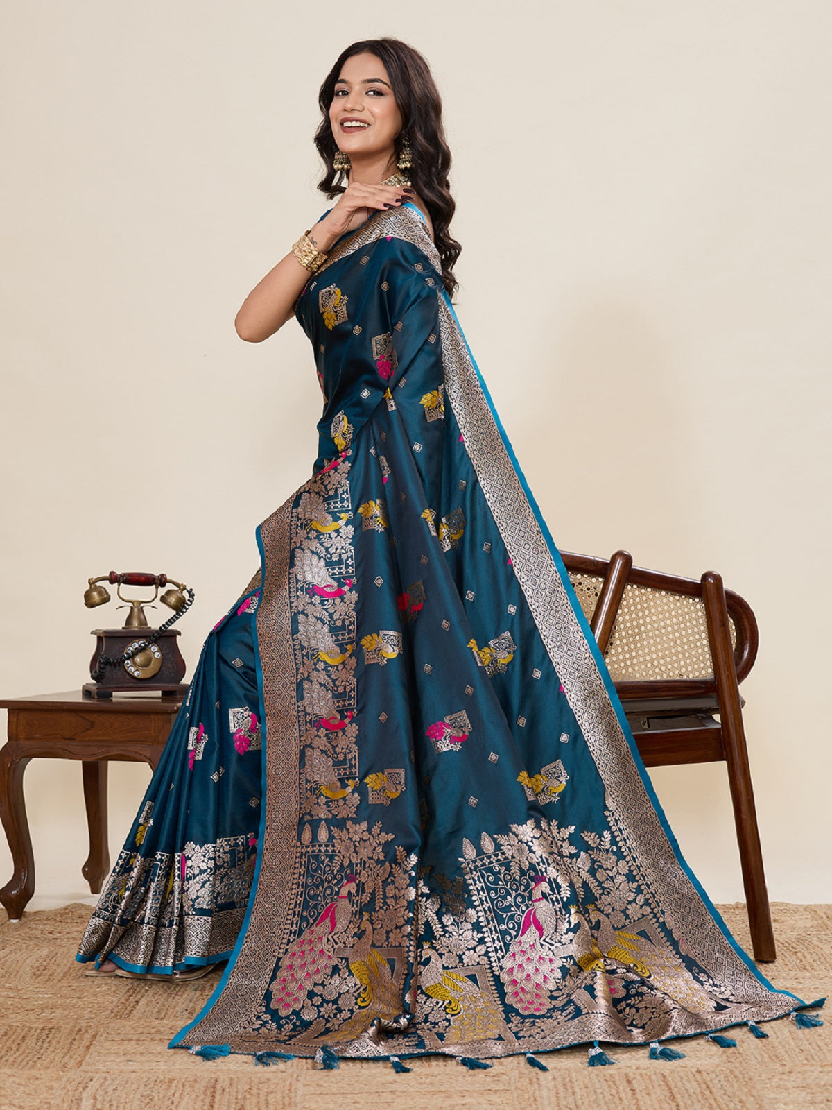 Dwija Fashion Teal Blue Wedding Wear Satin Paithani Jari Motifs Work With Unstitched Blouse - Dista