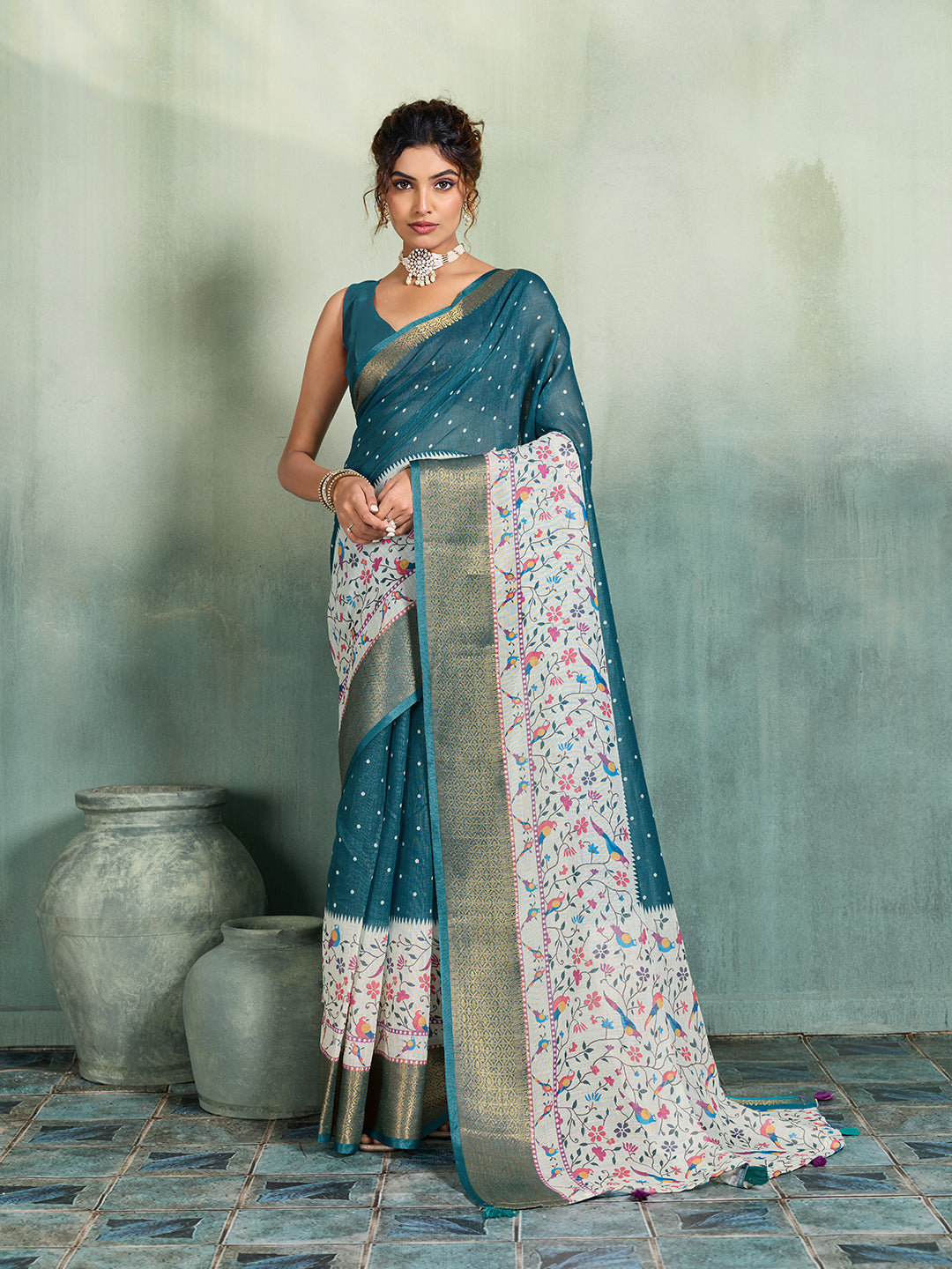 Dwija Fashion Teal Blue Printed With Jari Work Linan Saree With Blouse