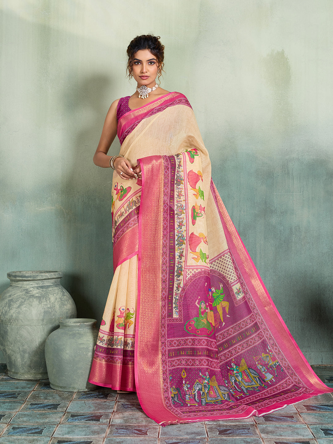 Dwija Fashion Cream Printed With Jari Work Linan Saree With Blouse