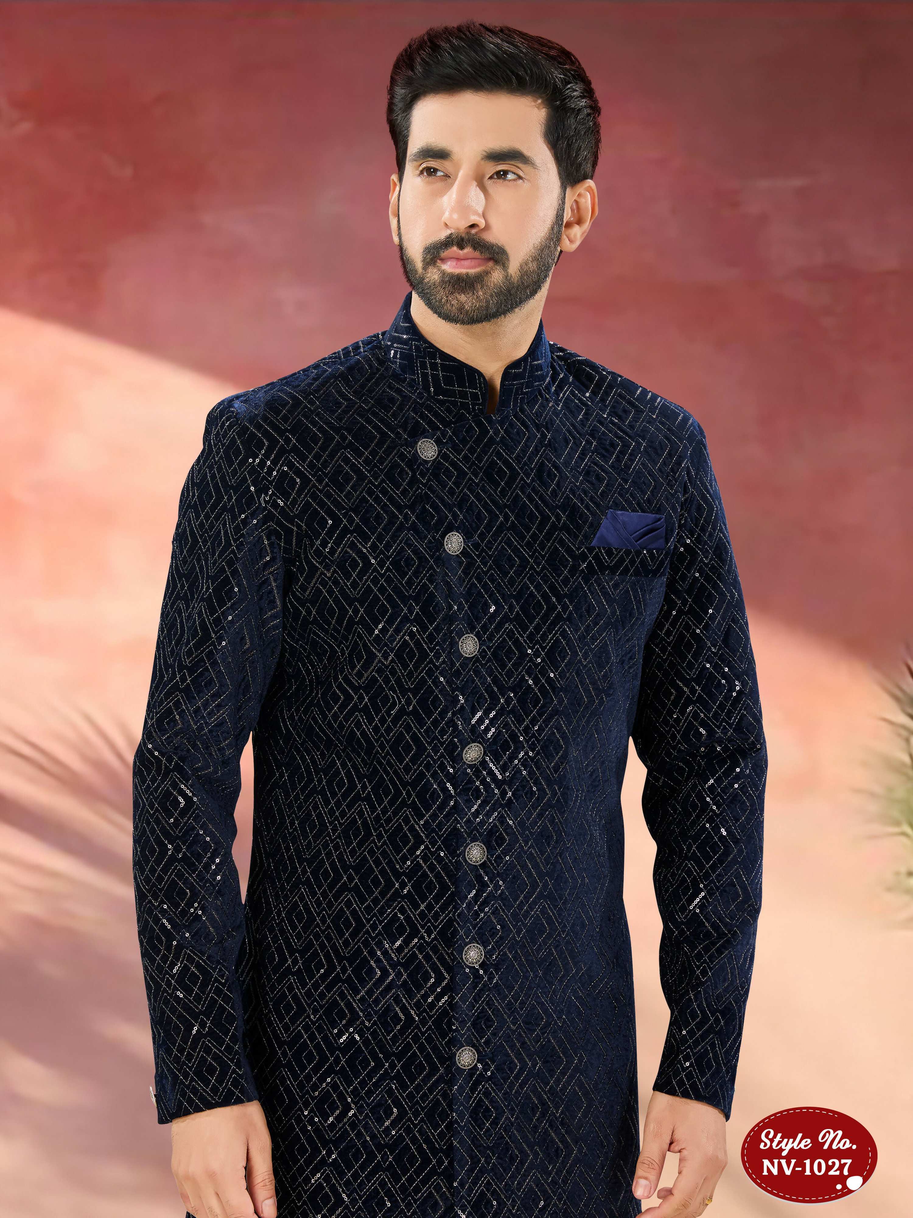 Joban Fashion Men's Blue Base Straight Velvet Thread And Sequence Embroidary All Over Indo-Western Kurta Set - Distacart