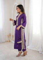 Thumbnail for Teeya Creation Womens New Trending Purple Color Natural Crepe With Real Mirror Lace Work Kurta Set - Dista