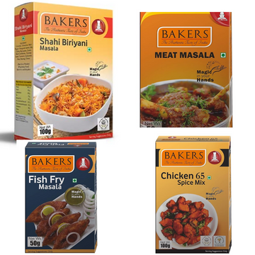 BAKERS Shahi Biriyani Masala , Chicken 65 , Fish Fry Masala , Meat Masala - Dista