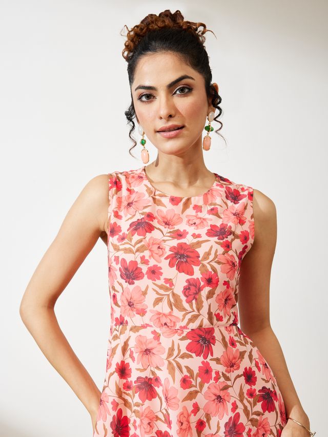 Janasya Peach Flared Georgette Dress - Dista